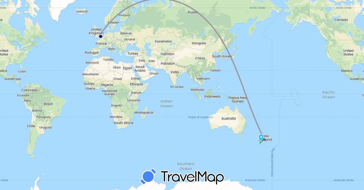 TravelMap itinerary: driving, bus, plane, train, boat in United Kingdom, New Zealand (Europe, Oceania)